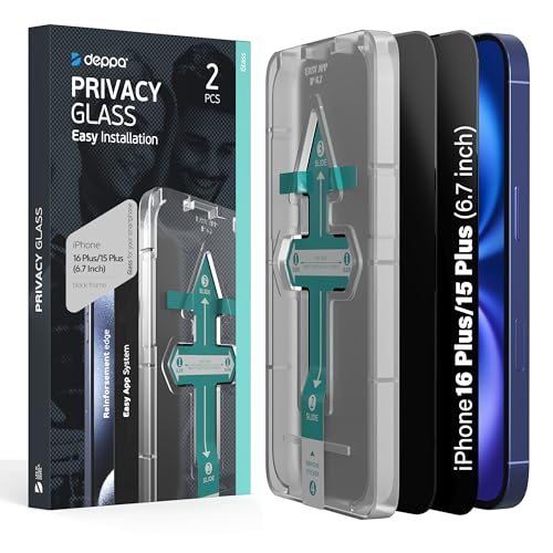 Deppa |2 Pack| Premium Privacy Screen Protector for iPhone 15 Plus/iPhone 16 Plus (6.7') Tempered Glass Edge to Edge Full Cover with Easy Installation Kit Tray - Anti Spy, Private, Dark, Black Film