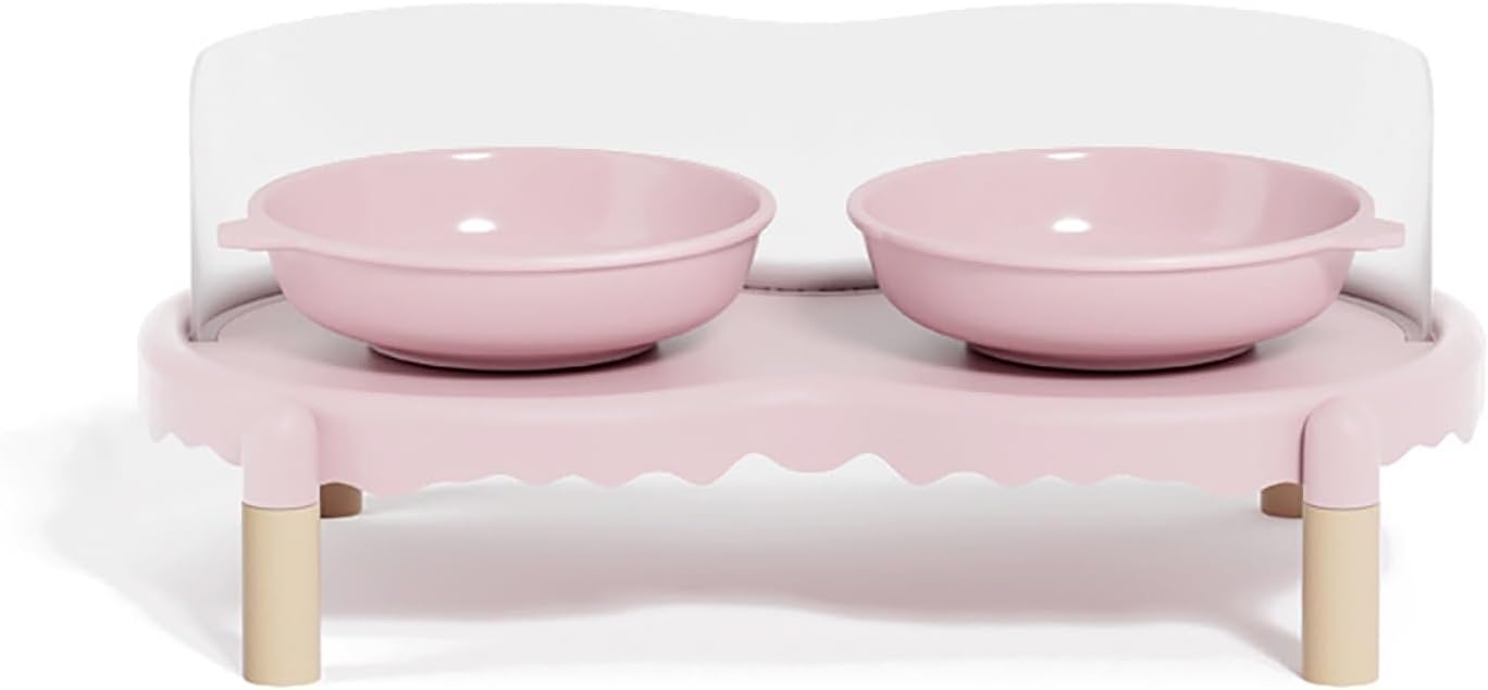 Raised Ceramic Cat & Dog Bowls – Dual Elevated ABS Feeder with High Rim, Non-Slip Base, Supports Digestion & Spine Health, Ideal for Cats, Puppies & Kittens(Pink)
