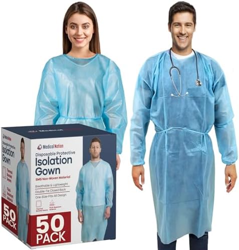 MEDICAL NATION Disposable Isolation Gowns - 50 Pack Level 2 PPE Gowns Disposable - Blue Knee-Length, Non-Woven, for Dental, Medical - Fluid-Resistant and Latex-Free Gowns, Universal Size