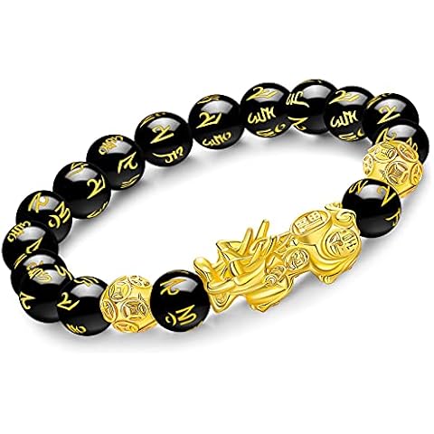 Homelavie Feng Shui Black Obsidian Wealth Bracelets Golden Pixiu Dragon Natural Stone Bracelet for Men Women Attract Wealth and Good Luck (Black Agate) Cover