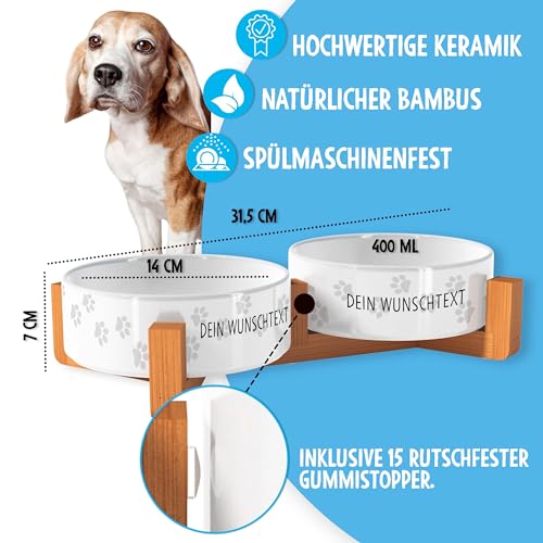 OWLBOOK Wunschtext Pfoten Futternapf personalisiert Hundenapf mit Namen oder Wunschtext Doppelnapf aus Keramik mit Bambus Gestell Futternapf Napf Wassernapf Keramik, Bambus 300 ml