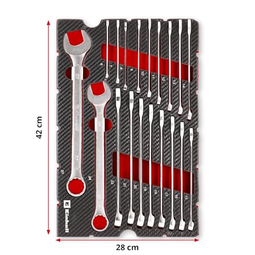 Original Einhell E-Case Pad 19-tlg. Gabel-Ringschlüssel (Ø 6–27 mm, 12-Kant-Profil, Chrom-Vanadium-Stahl, satinierte Oberfläche, EVA-Pad, E-Case-System)