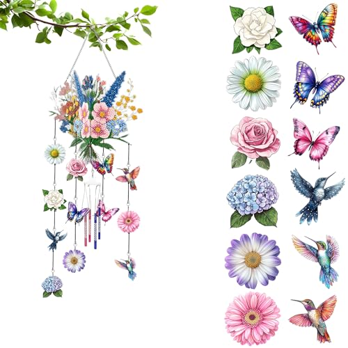 LOMSIOY Diamond Painting Wind Chimes 3D Acrylic Suncatcher with Crystal Pendant Ornament Hanging Decor DIY Waterproof Outdoor Windcatcher for Garden Patio Home (Flower Craft Kit for Adults)