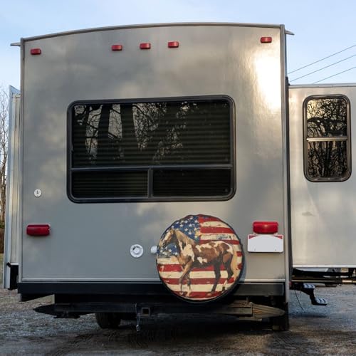 Image of Delerain Horse American Flag Spare Tire Cover for RV Trailer SUV Truck and Many Vehicle, Wheel Covers Sun Protector Waterproof (15 Inch for Diameter 27 inch-29 inch)