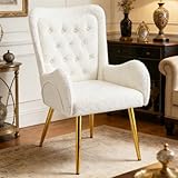 Hellove Ohrensessel mit Golden Metallbeinen, Luxuriös Teddy Relaxsessel Wohnzimmer Bequemer Schminktisch Stuhl Polsterstuhl Armchair Sessel Lesesessel Loungesessel für LivingRoom Schlafzimmer Weiß
