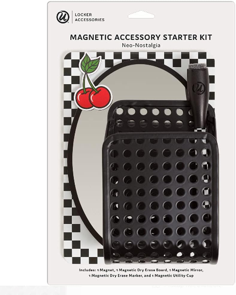 Locker Accessories Kit, Back to School Essentials, 6-Piece Set, Includes Whiteboard, Mirror, Organizing Supplies and 12 Inch Tall Shelf (Black Checked Kit with Shelf)