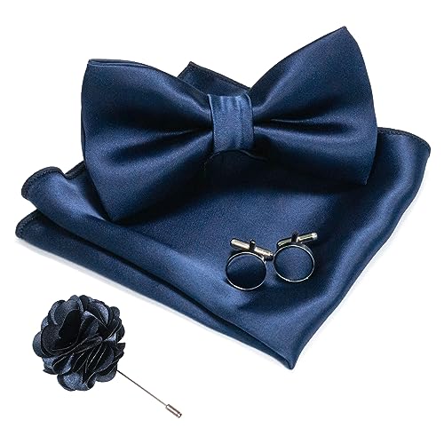 JEMYGINS Herren Fliege Satin Dunkelblau (6) Fliege und Einstecktuch mit Manschettenknöpfe Brustblume Sets