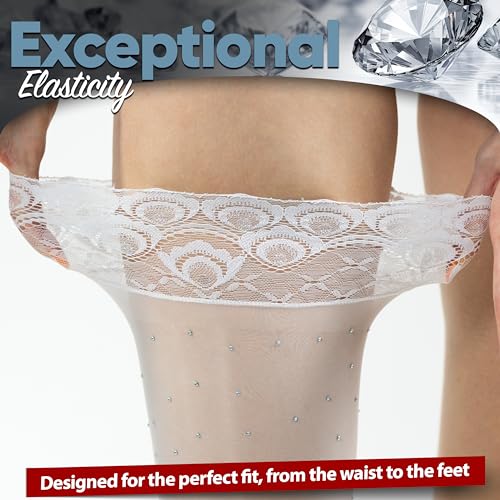 Image of Glamour Sparkle Rhinestone Thigh Highs: White Sexy Stocking Featuring a Secure Silicone Stay-Up Top for Effortless Wear - (5'3 inch-5'9 inch / under 154 lbs) One Pair