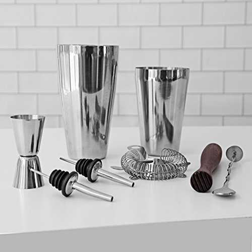 Professional Bartender Kit Cocktail Shaker Set By Toncini | Bartending Tools & Accessories | Stainless Steel Martini Shaker, Strainer, Jigger, Pourers, Muddler, Mixing Spoon, Recipe Book & Velvet Bag #TOP2