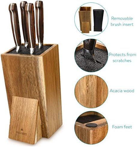 Navaris Wooden Kitchen Knife Block - Universal Bristle Knife Holder Storage Stand - Acacia Wood Knife Block - Angled Design, 25 x 15 x 10.5 cm