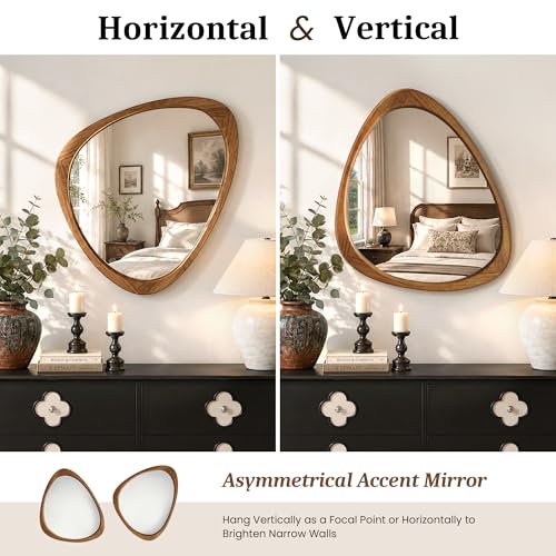 Image of Asymmetrical Mirror, 24 inchx19 inch Unique Irregular Wall Mirror, Wood Mid Century Modern Mirror Decor for Bathroom Bedroom Living Room Entryway Hallway (Natural Wood)