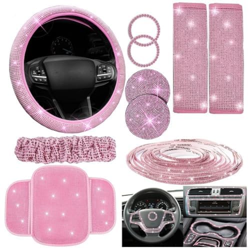 Lot de 10 housses de volant de voiture avec support de téléphone en strass et dessous de verre - Intérieur en velours ultra doux - Rose
