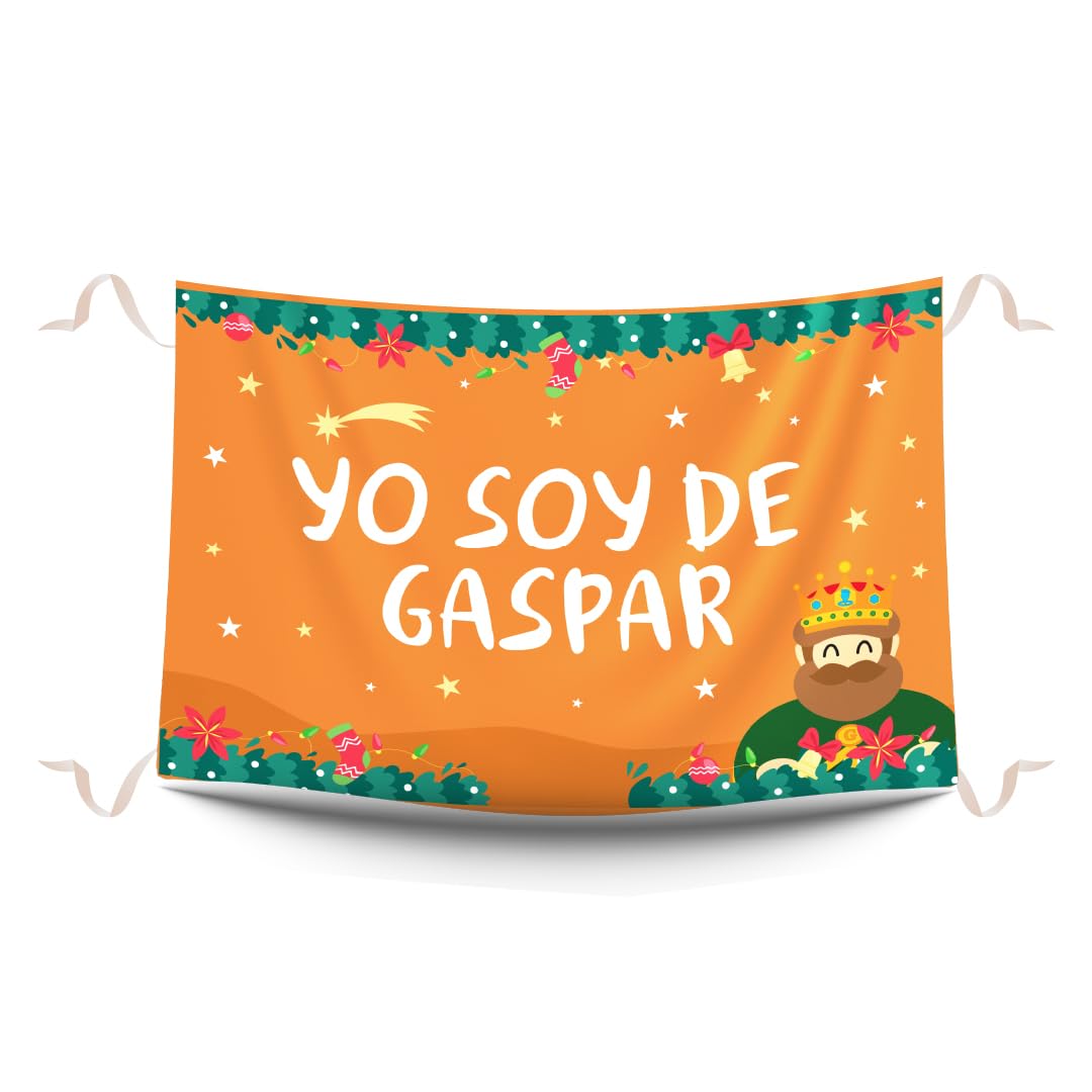 Balconeras de Navidad Yo soy de Gaspar. Decoración navideña y colgaduras divertidas de Navidad. Reposteros navideños para decorar balcones impresos en tela mate. Medidas 100 x 70 cm.