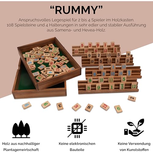 LOGOPLAY Rummy - Gesellschaftsspiel - Legespiel mit 108 Spielsteinen in sehr edler Ausführung aus Samena und Hevea Holz