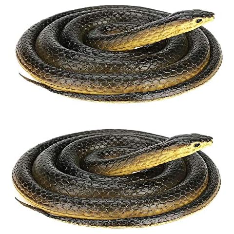 FOUUA Realistic Rubber Snake 2Pcs, Scary Fake Snake Large Black Mamba Snake Toy for Garden Props, Pranks, Halloween Decoration, Keep Birds Away (52 Inch) Cover