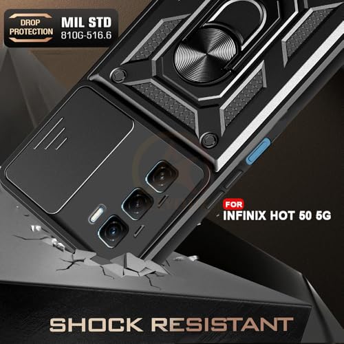Image of Armor Bumper Back Cover Case for Infinix Hot 50 5G Rotating Camera Cover, Ring Holder & Kickstand | Heavy Duty & 360 Degree Protection Infinix Hot 50 5G Back Cover (Black)
