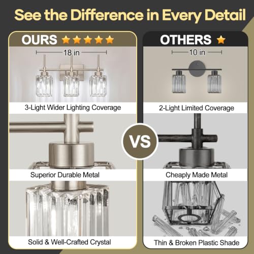 Image of Torondo Modern Crystal Bathroom Vanity Light 3-Light Brushed Nickel Bathroom Light Fixtures Over Mirror Vanity Lighting Fixtures Square Shade Wall Sconce (Bulbs Not Include)