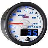 MaxTow Double Vision 100 PSI Exhaust Drive Pressure Gauge Kit - Includes Sensor, Copper Hose & Fittings - White Gauge Face - Blue LED Dial - Analog & Digital Readouts - for Diesel Trucks - 2-1/16'