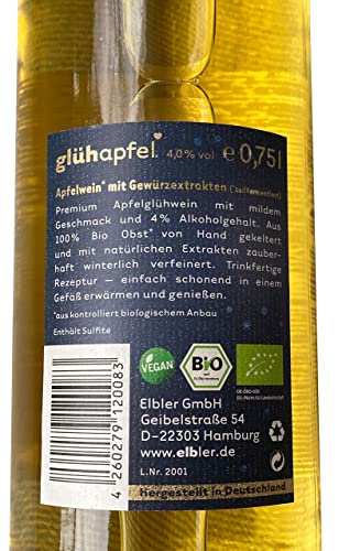 Elbler Glühapfel Wein, 6 x 0.75 l, Milde 4.0% Vol., Glühwein aus Bio-Obst, mit Winterlichen Extrakten aus Vanille, Zimt und Nelke, Vegan & Glutenfrei, 100% Direktsaft