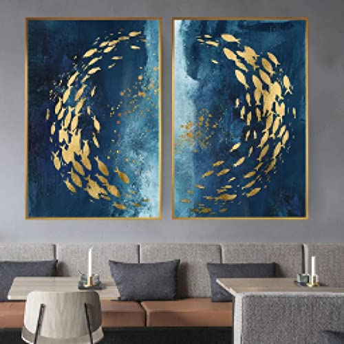 Toile poisson bleu et or abstrait pour sublimer le couloir, l'allée ou le grand salon
