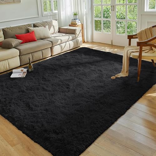 MOONLIGHT20015 Rugs Living Room 120 x 170 – Fluffy Black Area Rugs for Bedroom – Super Soft Large Shaggy Pile Non Slip Non-Shedding Rug – Modern Plush Carpet for Lounge