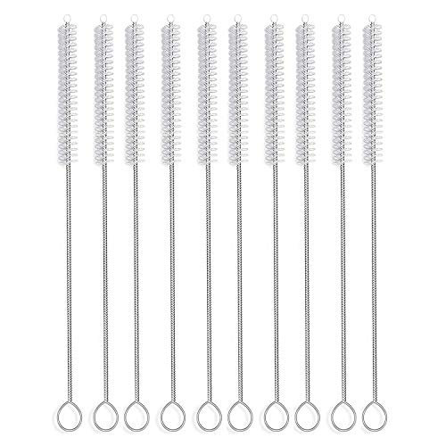 Image of YTM Pack of 10 Long Straw Cleaning Brush Stainless Steel Nylon Thin Pipes Drinking Straw Cleaning Brushes /Straw Brushes with Tiny Bristles, Silver,