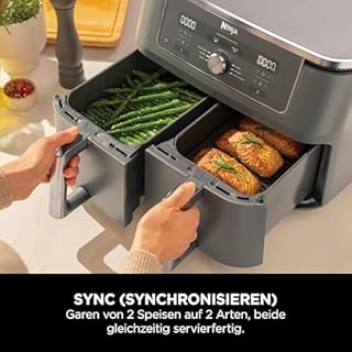 Ninja Dual Zone Digital Air Fryer, 2 Schubladen, 6-in-1, Heißluftfritteuse, 9,5L, Heißluft-Frittieren, Max Crisp, Rösten, Backen, Aufwärmen, Spülmaschinenfeste Körbe, Metallic Grau DZ400EU