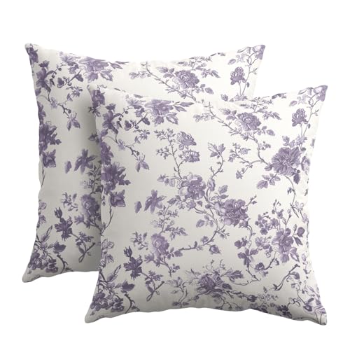 Lavender Purple Floral Pillow Covers 18x18 Inch Set of 2 Purple and Cream Chinoiserie Flower Outdoor Decorative Throw Pillows Vintage Rustic Toile Pillowcases Cushion Covers for Couch Home Decor