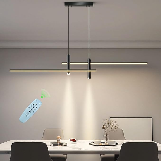 DDYY Moderne led-hanglamp voor eetkamer, dimbaar, met afstandsbediening, eettafel, hanglamp, keuken, hanglamp, plafondlamp, in hoogte verstelbaar, kroonluchter voor kantoor, salontafel, lamp (zwart, 100