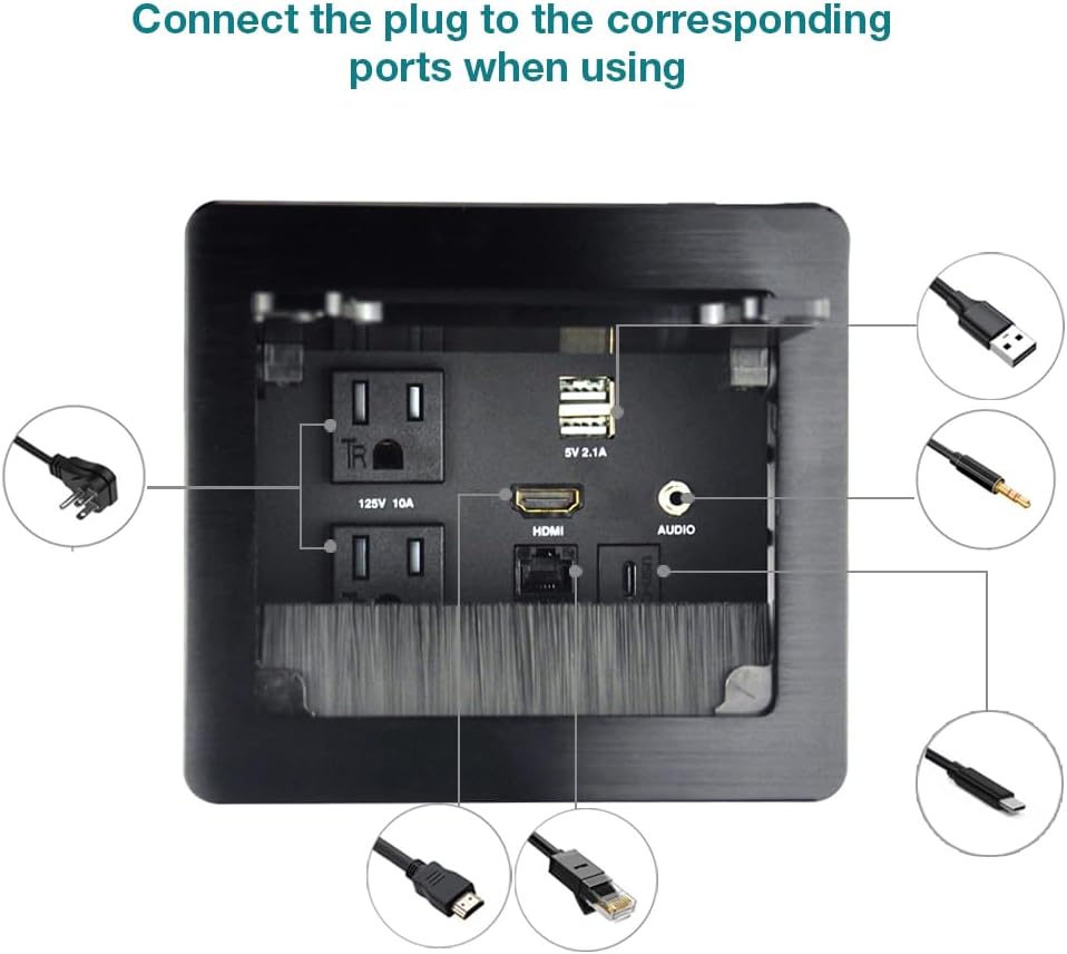 Tabletop Brush Flip Connectivity Box with 2 AC Power + 2 USB Charger + HDMI + 1 3.5mm Audio + USB-C Data + RJ45(cat6) for Conference Room (Black)