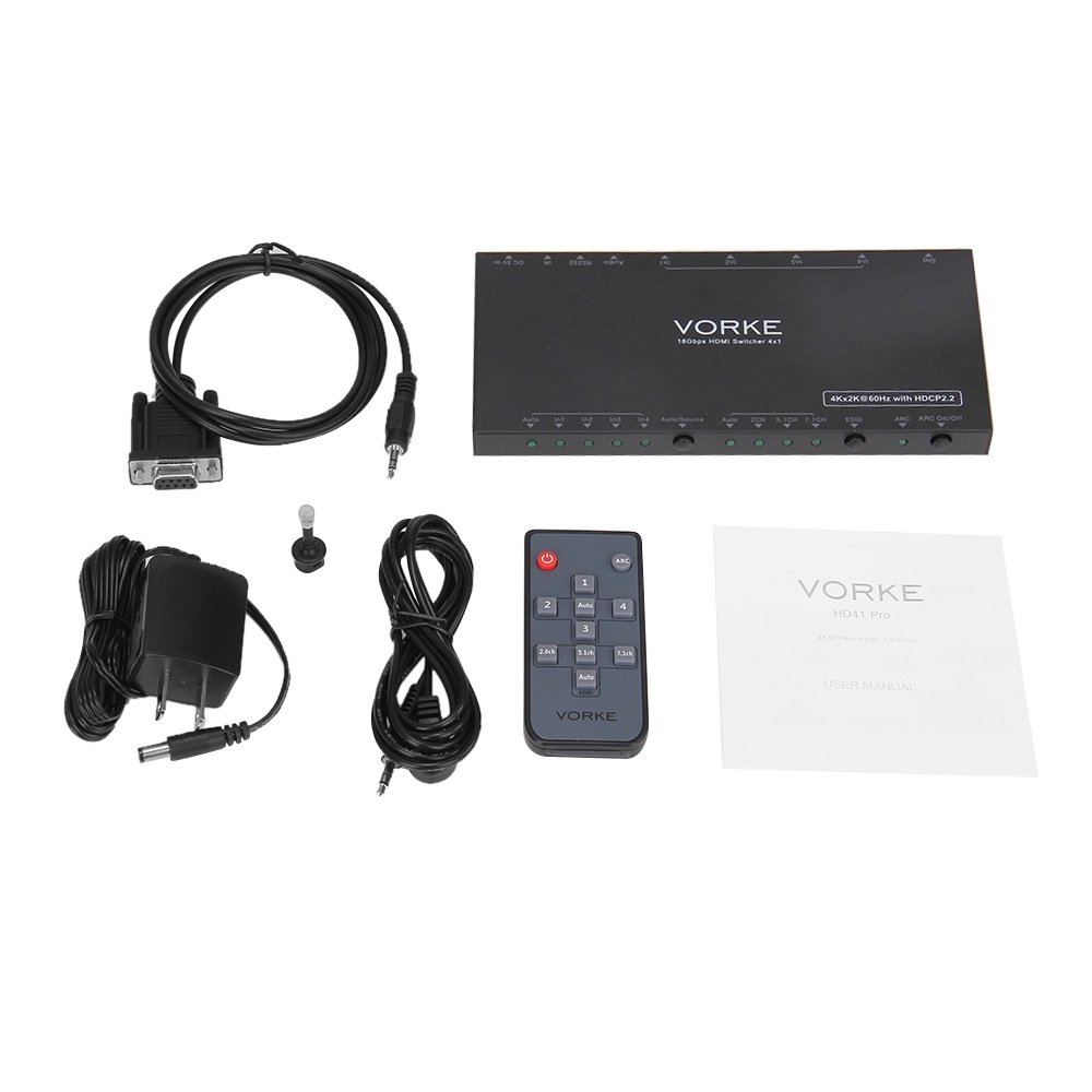HDMI Switch HDR 4k2k@60Hz(4:4:4) 18Gbps 4 in 1 Out HDMI2.0b HDCP2.2 HDR Auto Switch RS232 EDID ARC with Stereo and Optical Output Remote Control (HD41 Pro)