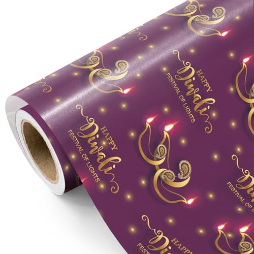 WRAPAHOLIC Diwali Wrapping Paper Roll - Mini Roll - 17 Inch x 16.5 Feet - Purple & Gold Diyas and Happy Diwali Festival of Lights Design for Family, Holiday, Party Celebration