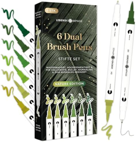 LEBENSKOMPASS® Brush Pen Set Nature - 6 Pinselstifte in Grüntönen...
