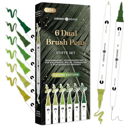 LEBENSKOMPASS® Brush Pen Set Nature - 6 Pinselstifte in Grüntönen...