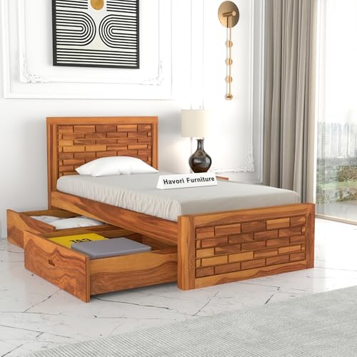 Image of Solid Sheesham Wood Single Size Bed with 2 Drawer Storage Wooden Single Cot Bed for Home Living Room Bedroom Guest Room Hotel (Honey, Size 6 * 4)