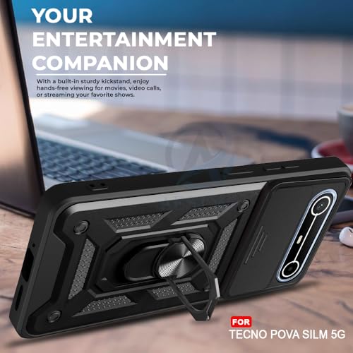 Image of AESTMO Tough Armor Tecno Pova Slim 5G Bumper Back Case Cover | Ring Holder & Sliding Camera Shield Cover | 360 Degree Protection Back Case Cover for Tecno Pova Slim 5G (Black)
