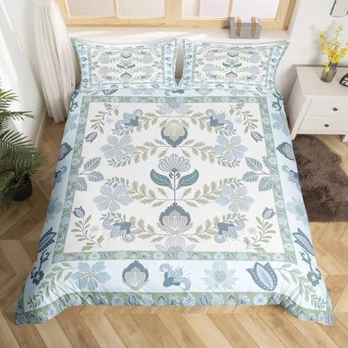 jejeloiu Floral Duvet Cover Toddler Size Boys Girls Vinatge Botanical Green Bedding Set for Kids Retro Boho Flowers Comforter Cover(No Comforter) TealBlue Blossom Room Decor Soft Zipper