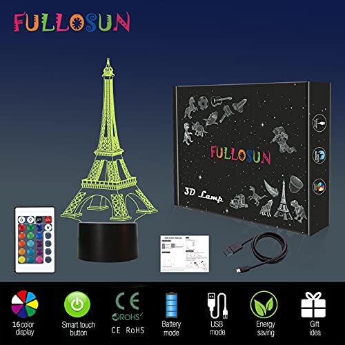 Image of FULLOSUN Eiffel Tower Nightlight 3D Illusion Lamp Visual Bedroom Decoration LED Lamp with Remote Control 16 Color Changing Paris Fashion Style Acrylic Gifts for Birthday Xmas