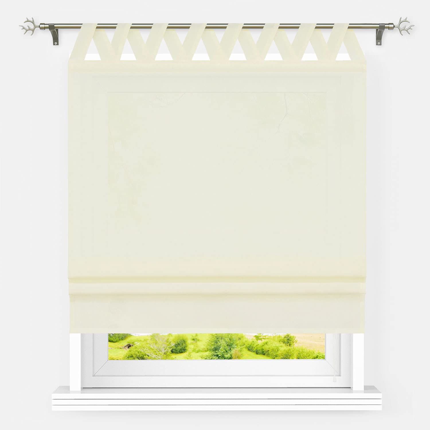 Beżowa lniana roleta rzymska z pętelkami w kształcie litery V, do salonu, nieprzejrzysta, zaciemniająca, jednokolorowa, plisowana konstrukcja, 60 x 140 cm