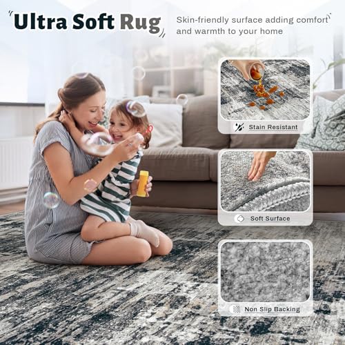 XLUEZ 5x7 Area Rugs for Living Room, Washable Modern Abstract Large Area Rug Neutral Soft Non Slip Kids Rug Stain Resistant Indoor Carpet for Bedroom Nursery Dining Room Playroom(BlackGrey, 5'x7') — view 4