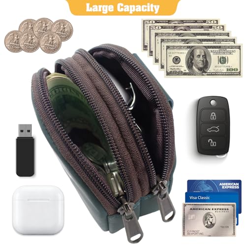 Image of Jack&Chris Coin Purse for Men, Genuine Leather Mini Coin Wallet Zipper Pocket with Back Belt Loop, Coin Bag for Men, Blue