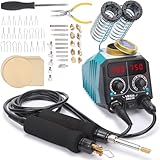 YIHUA 939D-VII Pyrography Tool Wood Burning Pen Kit Station 2-in-1 Solid-Point 200~480°C (with Temp Display)/Wire-Nib 250~750°C with 23 Nibs, 25 Solid Points, 4 Woodpieces