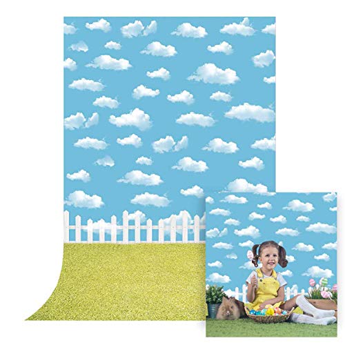 Funnytree Spring Blue Sky Backdrop White Clouds Green Grassland Photography Background Fence Grass