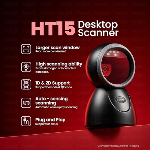 Image of Helett HT15 Hands-Free 2D & 1D USB Desktop Barcode Scanner for Retail & POS | 300K CMOS Global Exposure Engine | Large Scan Window, Fast Scanning, Buzzer LED, 640x480, Strong ABS, 1Yr Warranty(Black)