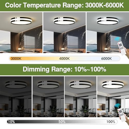Image of Modern LED Ceiling Light Black 30W Dimmable Flush Mount Light Fixtures with Remote Control 11.8inch Ceiling Lamp for Bedroom Kitchen Island Dining Room LivingRoom Foyer Hallway