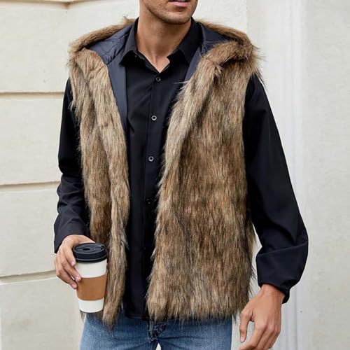 Men's Luxury Faux Fur Vest with Hood Winter Furry Sleeveless Jacket Fleece Open Front Cardigan Hoodie Coats Outwear2