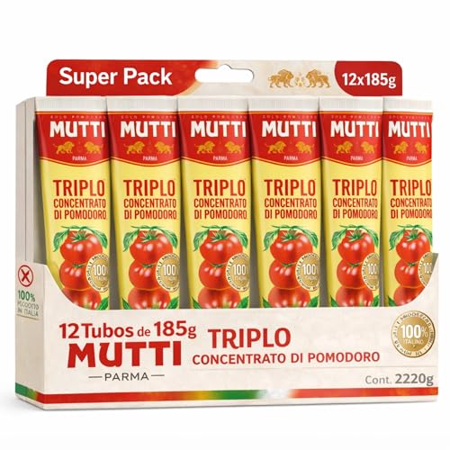 Concentrado de tomate triple Mutti, Pasta de Tomate Triple Concentrada, Hecho de pomodoro 99,6%, sal, Sin Gluten, Sin Lactosa, Sin huevos, Producto Italiano, Contiene 12 tubos de 185 gr