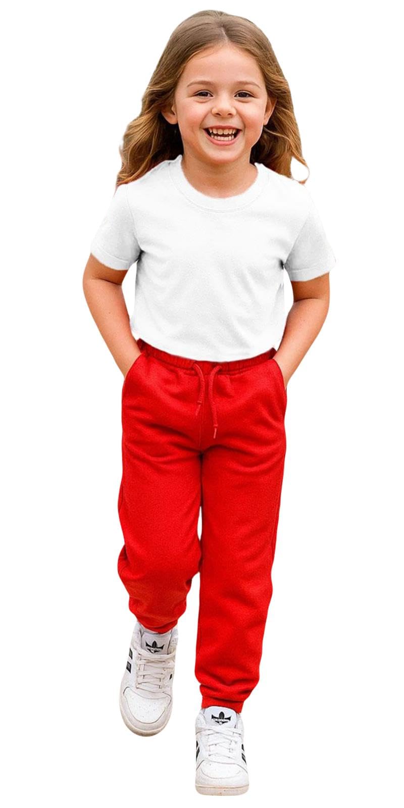 True Face Kids Trouser Fleece Jogging Bottoms PE Sweatpants Multi Pockets Drawstring Elasticated Joggers Cuffed Girls Boys Plain Sports School Pants Red 13