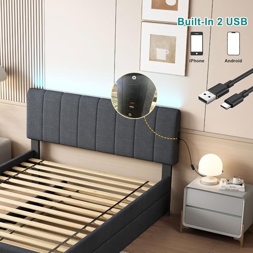Ball & Cast Full Size Upholstered Platform Bed with Twin Size Trundle & USB Port,Linen Tufted Bed Frame W/Remote Control LED Light & Stripe Headboard,Wood Slats Support for Bedroom,Apartment Gray by Ball & Cast - Image 7