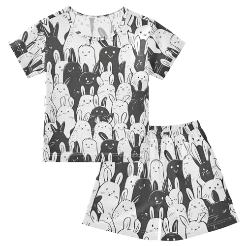 ALAZA Funny White Black Rabbit Pajamas Set Short Sleeve Cotton Sleepwear Summer Pjs 2 Piece 5-14Y - Main Image